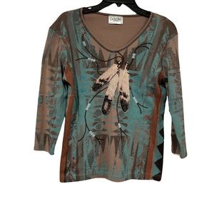 Cactus Bay Shirt Small Womens Top Taupe Turquoise Southwest Geometric Feather